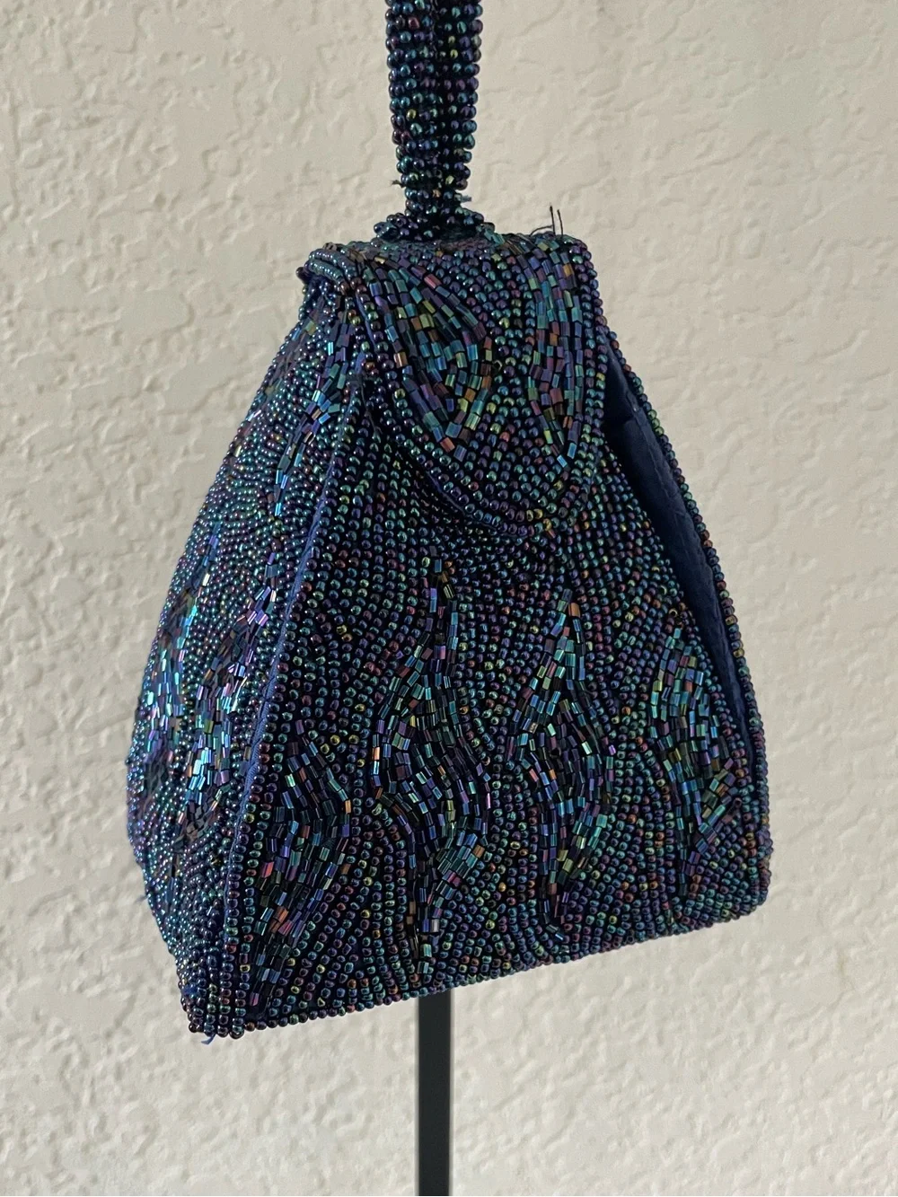 Vintage Hand Beaded Navy Peacock Iridescent Evening Bag Wristlet La Regale Style